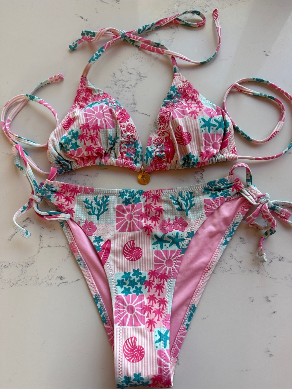 Pink Palm Puff Matching Bikini Demi Top & Solei Bottoms Color Coral Crush Small